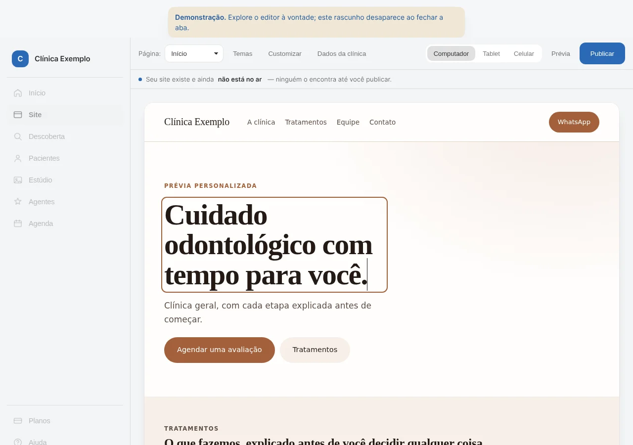 Editor real da Nitentia: título da Clínica Exemplo sendo editado e controles de tema, prévia e publicação.